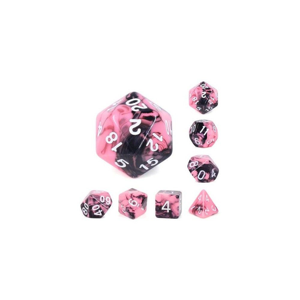Lot de 7 dés en boîte  Fusion Noir et Rose