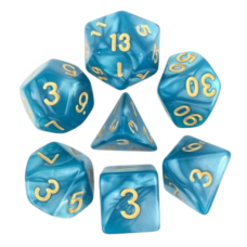 Lot de 7 Dés en boîte  16mm- Bleu nacré et or