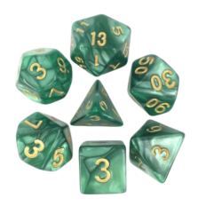Lot de 7 Dés en boîte  16mm- Vert nacré et or